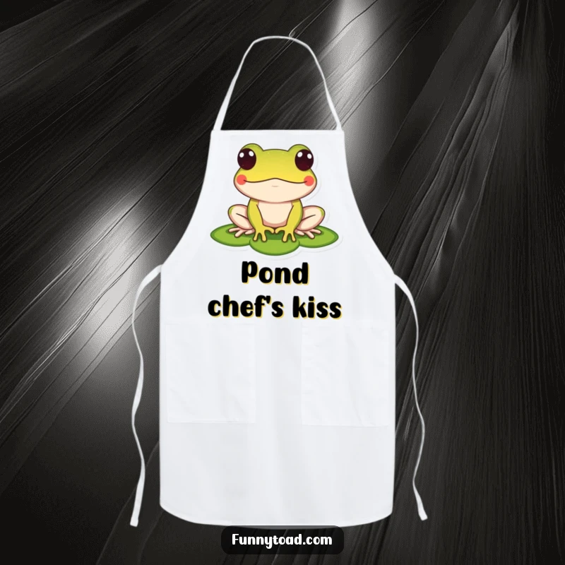 Funny apron design of a stylized toad with big dot eyes, ready to cook on a lily pad. Humorous kitchen accessory.