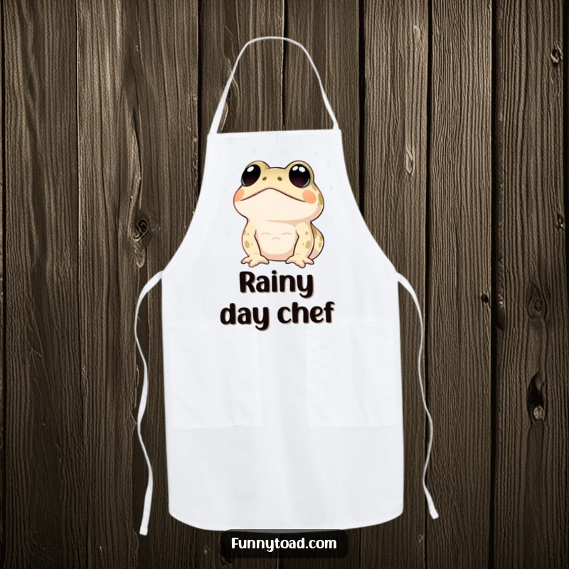 Funny apron showing a toad with large, expressive dot eyes looking up at the rain. Humorous and practical kitchen wear.