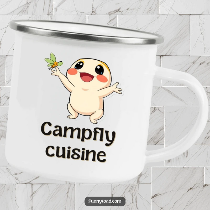 Funny camping mug showing a happy toad character joyfully catching a fly. Durable and humorous outdoor drinkware.