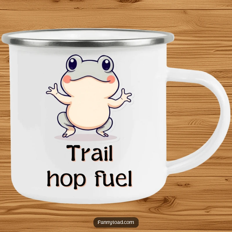 Funny camping mug showing an energetic toad character with motion lines, mid-hop. Humorous and dynamic outdoor drinkware.
