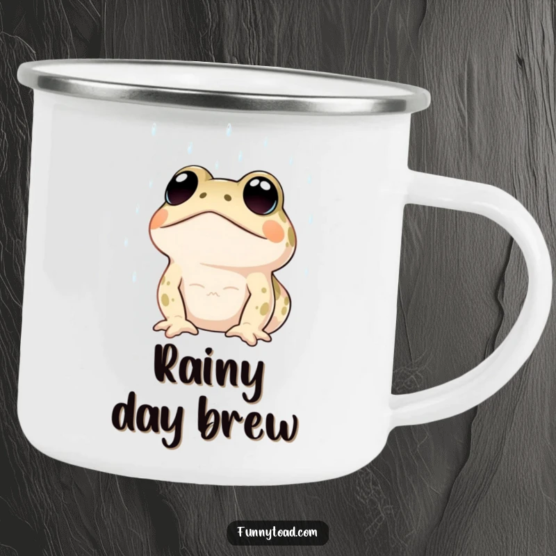 Funny camping mug showing a toad with large, expressive dot eyes looking up at the rain. Humorous and durable outdoor drinkware.