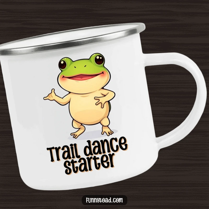Funny Camping Mug: A Grinning Toad with Short Legs Dancing Merrily, Perfect for Outdoor Fun.