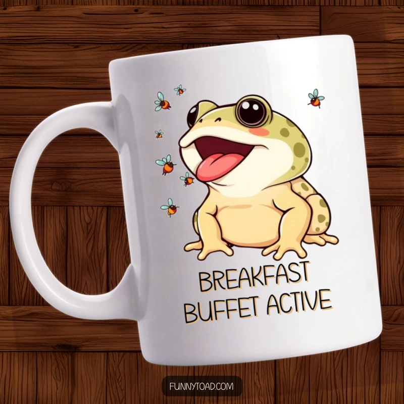 Funny Mug: A Toad with a Wide Smile Expertly Juggling Colorful Flies with its Sticky Tongue.