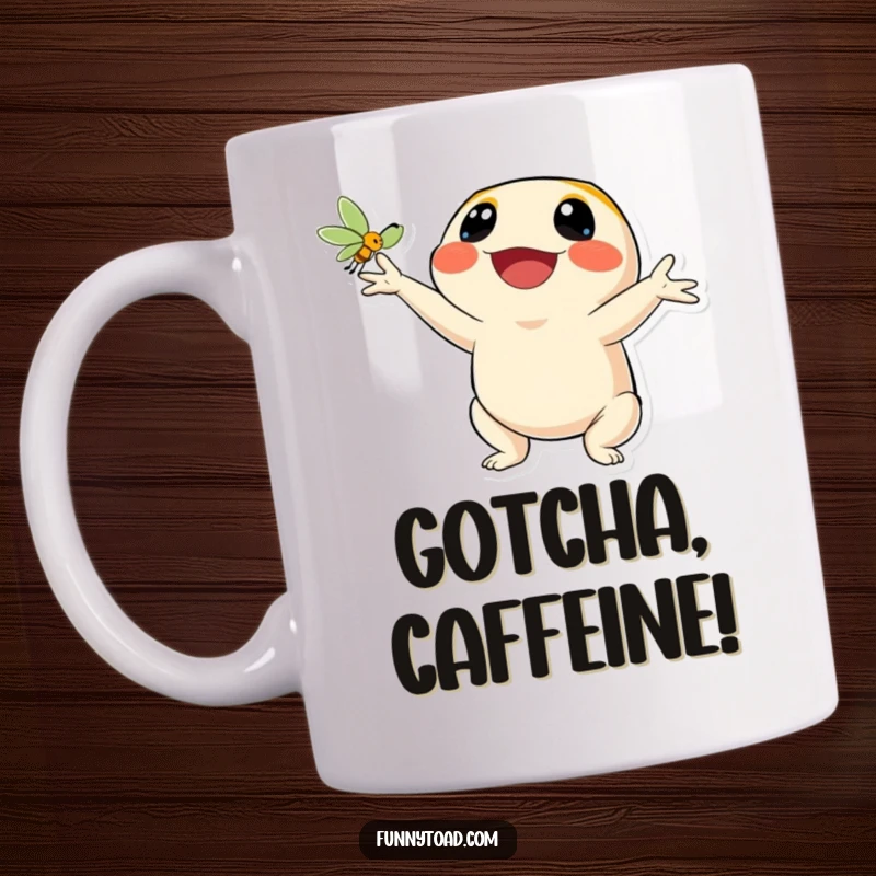 Funny mug showing a toad character with a huge, joyful smile, tongue out catching a fly. Humorous and action-packed amphibian.