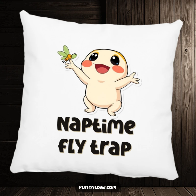 Funny pillow with a toad character beaming while catching a fly. Soft, humorous, and decorative accent.