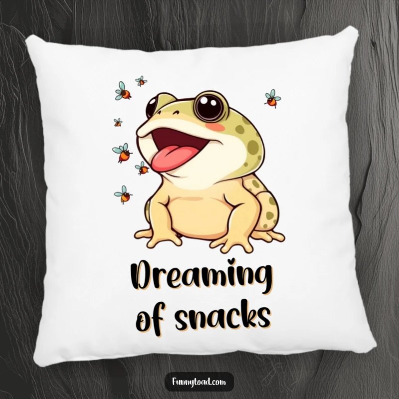 Funny Pillow: A Smiling Toad with a Wide Grin Juggling Colorful Flies with its Tongue.
