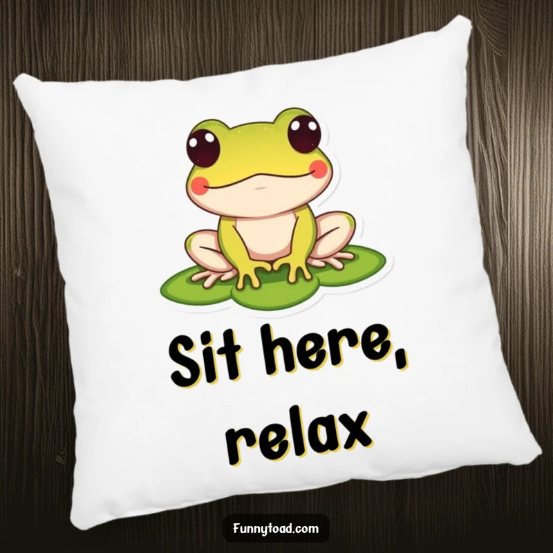 Funny pillow accentuating a stylized toad with bulging dot eyes, sitting on a lily pad. Soft, humorous, and decorative.