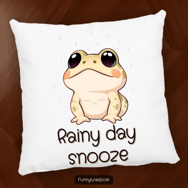 Funny pillow with a toad character’s large, expressive dot eyes looking up at the rain. Soft, humorous, and decorative.