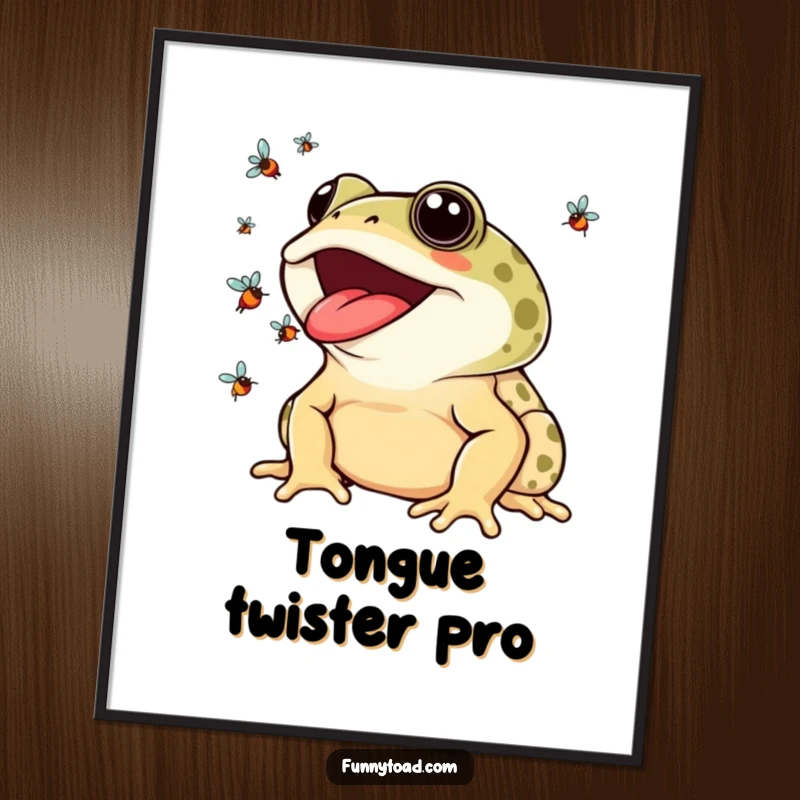 Funny Digital Art Print: A Toad with a Wide Smile Juggling Colorful Flies with its Tongue.