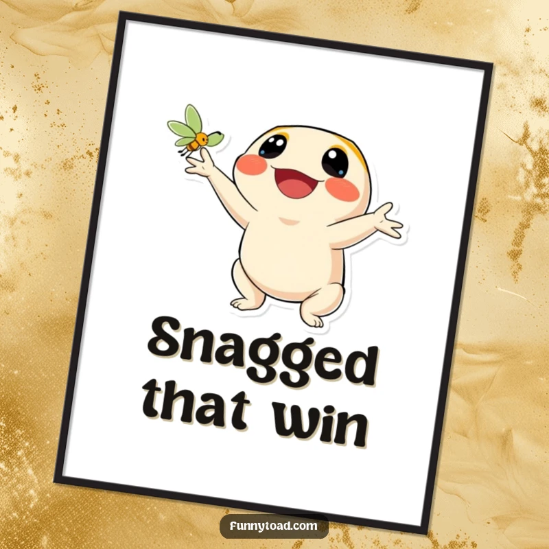 Funny digital art print of a toad character with a wide, happy smile catching a fly. Joyful and humorous.