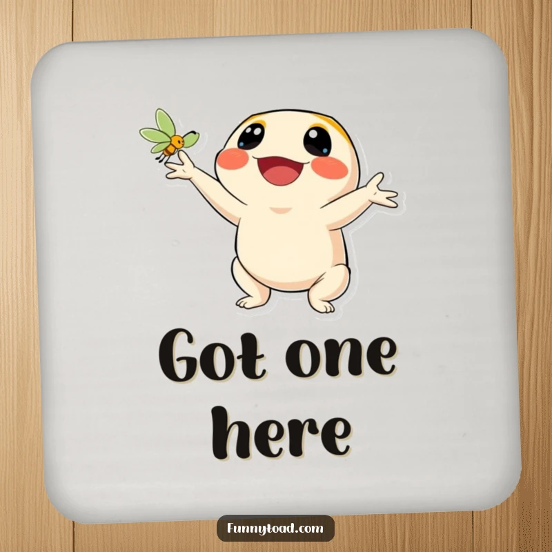 Funny drink coaster illustrating a toad character’s wide, happy smile catching a fly. Humorous and protective.