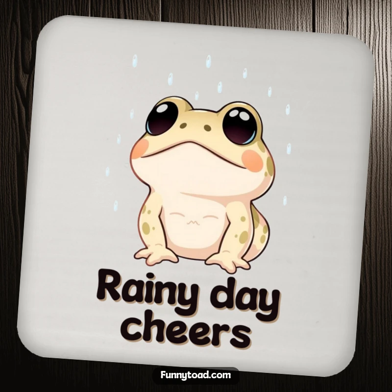 Funny drink coaster illustrating a toad with large, expressive dot eyes looking up at the rain. Humorous and protective.