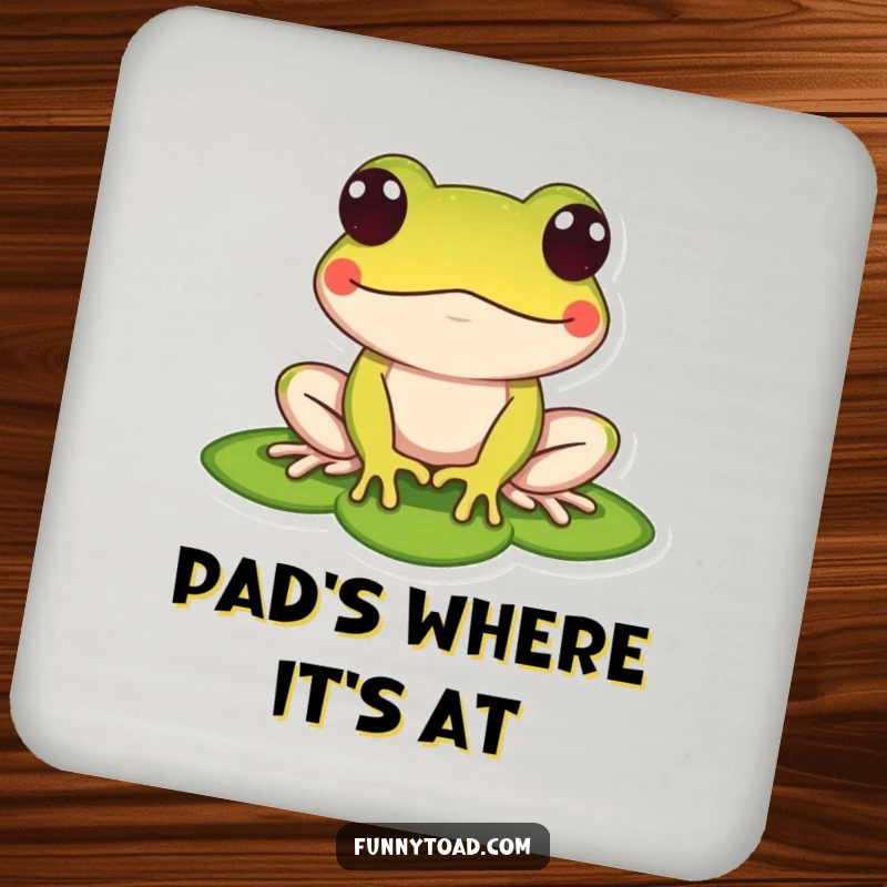 Funny drink coaster showcasing a stylized toad with dot eyes on a lily pad. Protects surfaces with amphibian humor.
