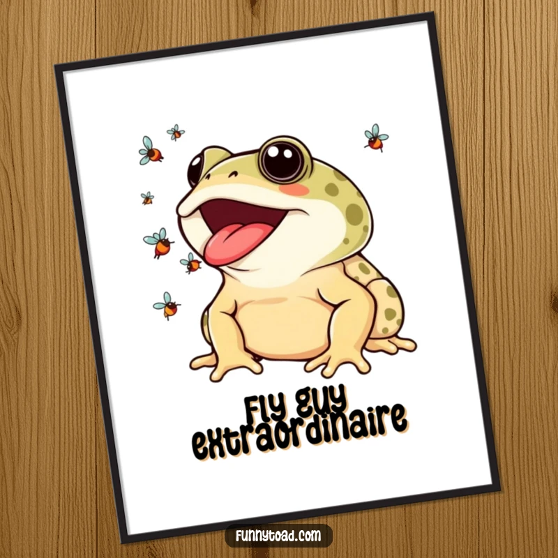Funny Poster: A Toad with a Wide Grin Masterfully Juggling Colorful Flies with its Tongue.