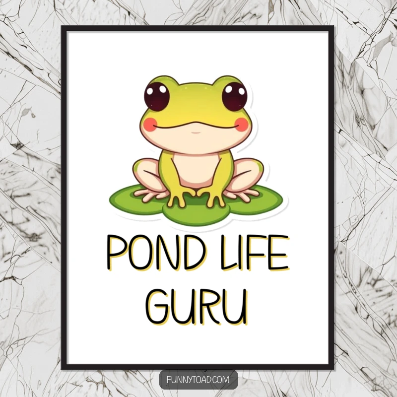Funny poster art of a stylized toad with large dot eyes, perched on a lily pad. Whimsical and humorous wall decor.