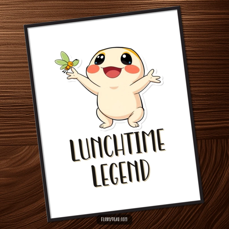 Funny poster art of a toad character with an ecstatic smile, catching a fly. Joyful and humorous wall art.