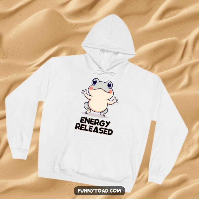 Funny hoodie illustrating an energetic toad character with lines, mid-hop. Cozy, warm, and humorous.
