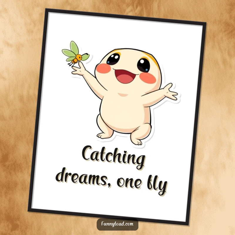 Funny Free Printable Wall Art: A toad with a wide, ecstatic smile is joyfully catching a fly.