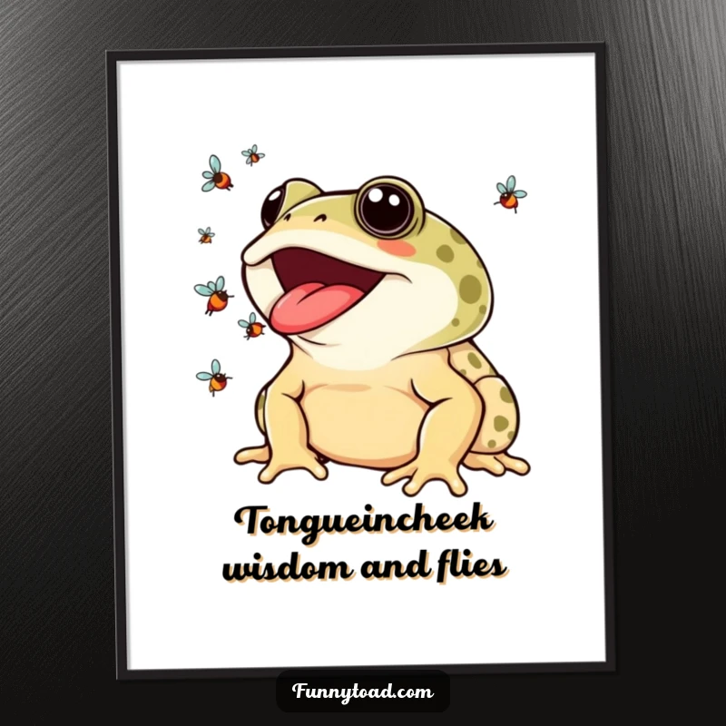 Funny Free Printable Wall Art: A toad with a wide smile skillfully juggles colorful flies with its tongue, adding playful art.