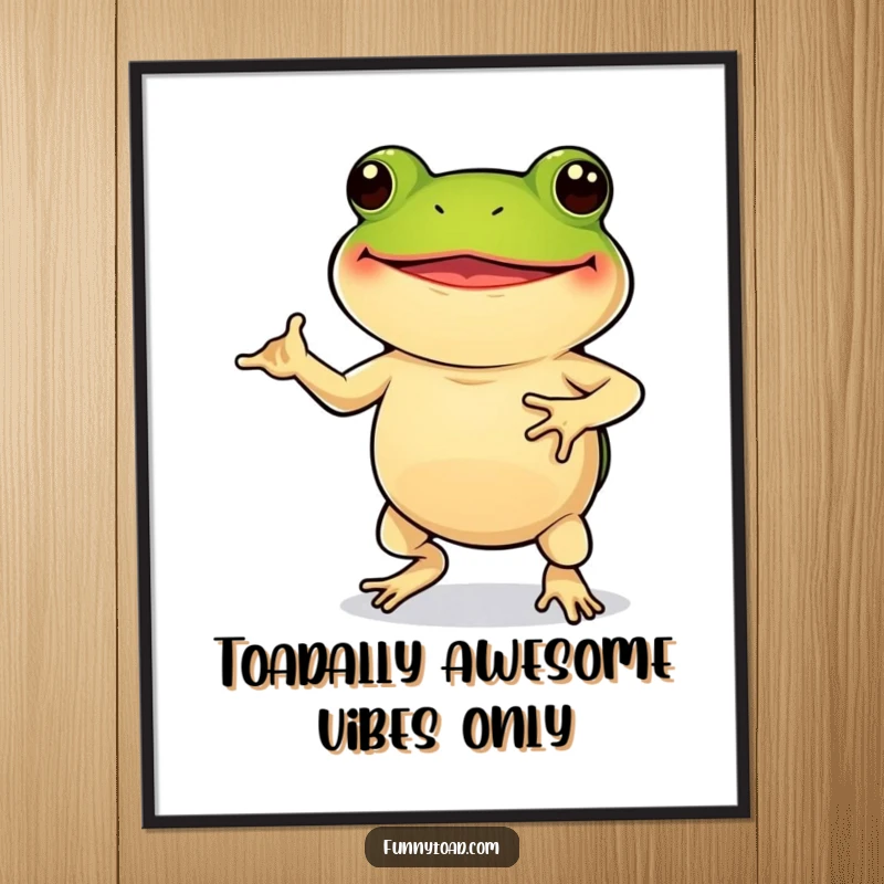 Funny Free Printable Wall Art: A grinning toad with stubby legs hilariously doing a silly dance, bringing animated fun to your decor.