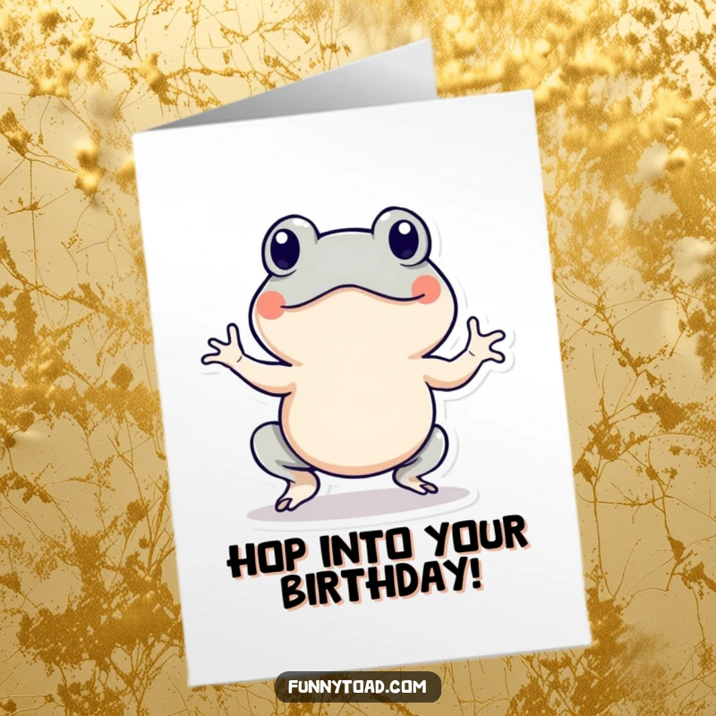 Funny Free Printable Birthday Card: A toad with energetic lines around it doing a little happy hop.