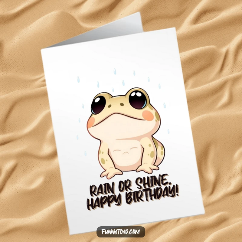 Funny Free Printable Birthday Card: A toad with big, expressive dot eyes looks up wistfully at the rain.