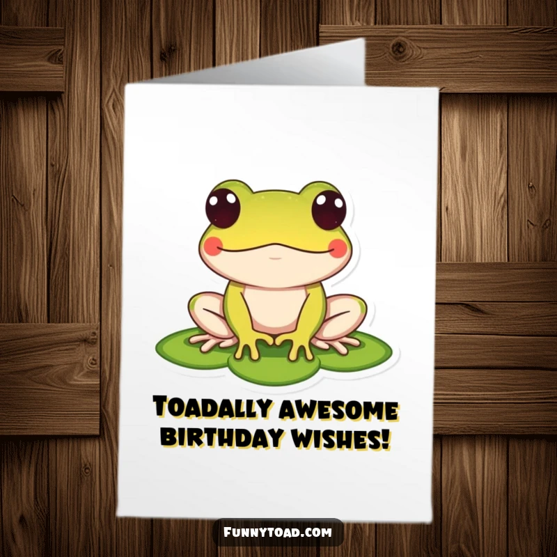 Funny Free Printable Birthday Card featuring a stylized toad with big dot eyes relaxing on a lily pad.