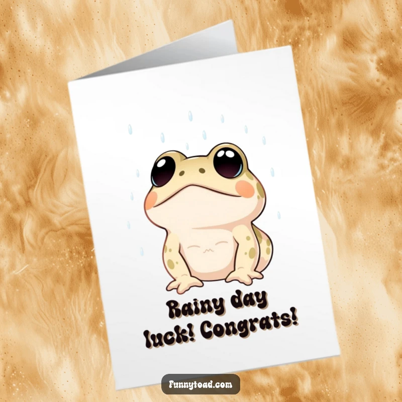 Funny Free Printable Congratulations Card: A toad with big, expressive dot eyes looks up at the falling rain.