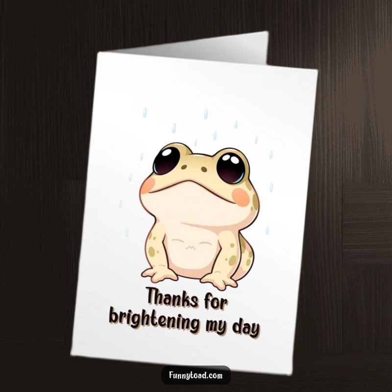 Funny Free Printable Thank You Card: A toad with big, expressive dot eyes gazes up at the rain.