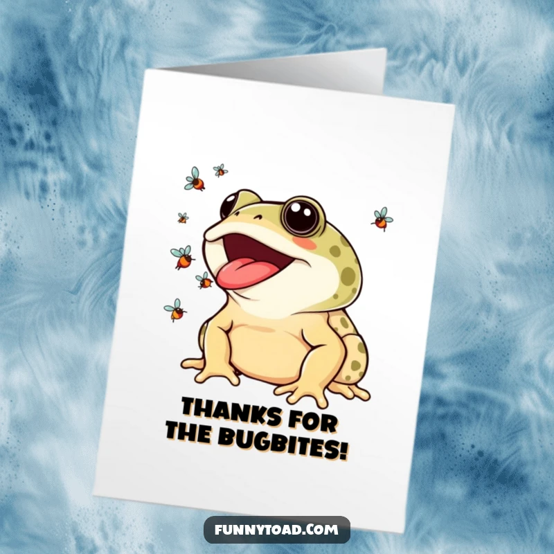 Funny Free Printable Thank You Card: A joyful toad with a wide smile juggles colorful flies with its tongue, a quirky thank you.