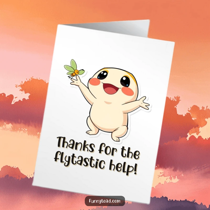 Funny Free Printable Thank You Card: A toad with a big happy smile is joyfully catching a fly.