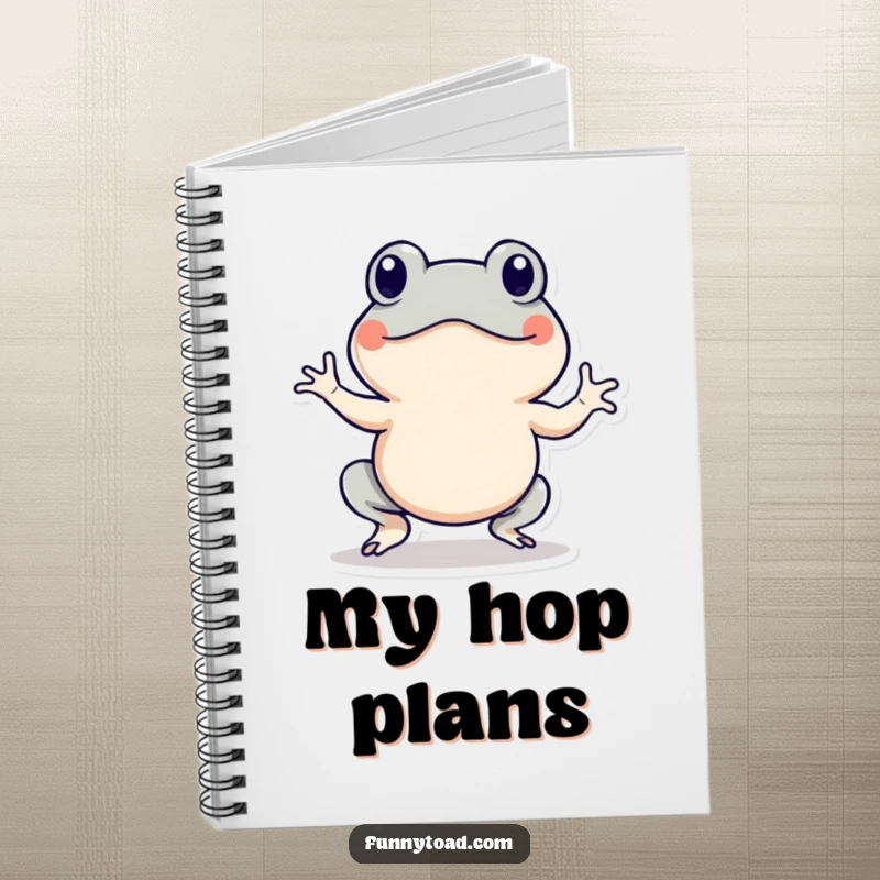 Funny notebook depicting an energetic toad character with motion lines, doing a hop. For jotting notes humorously.