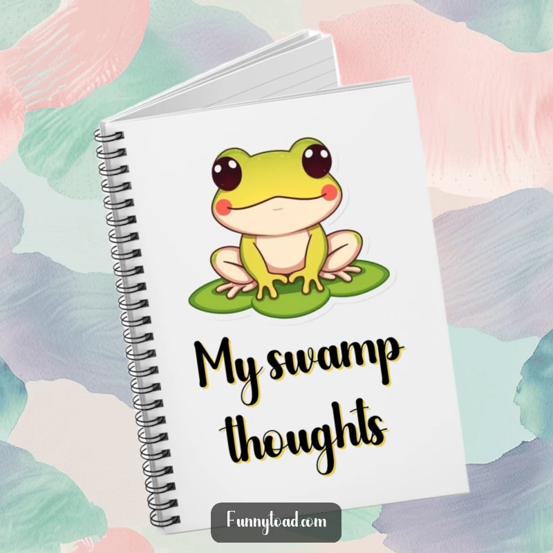 Funny notebook with a stylized toad and bulging dot eyes, sitting on a lily pad. For jotting down notes and ideas humorously.