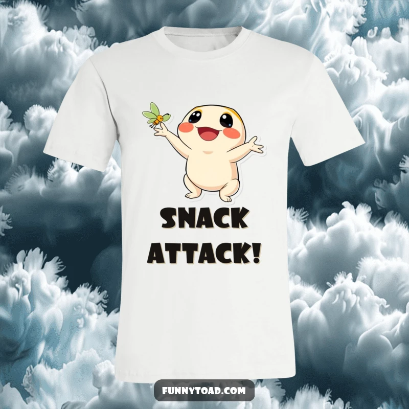 Funny t-shirt featuring a toad character with a wide, ecstatic smile, actively catching a fly. Energetic and humorous apparel.