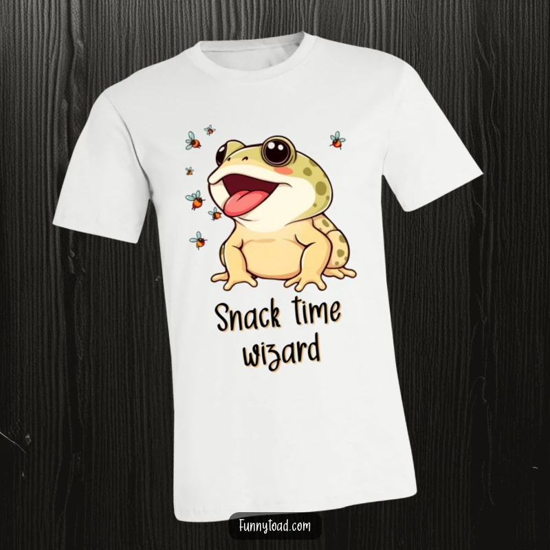 Funny T-Shirt: A Toad Grinning Widely While Skillfully Juggling Multiple Colorful Flies with its Tongue.