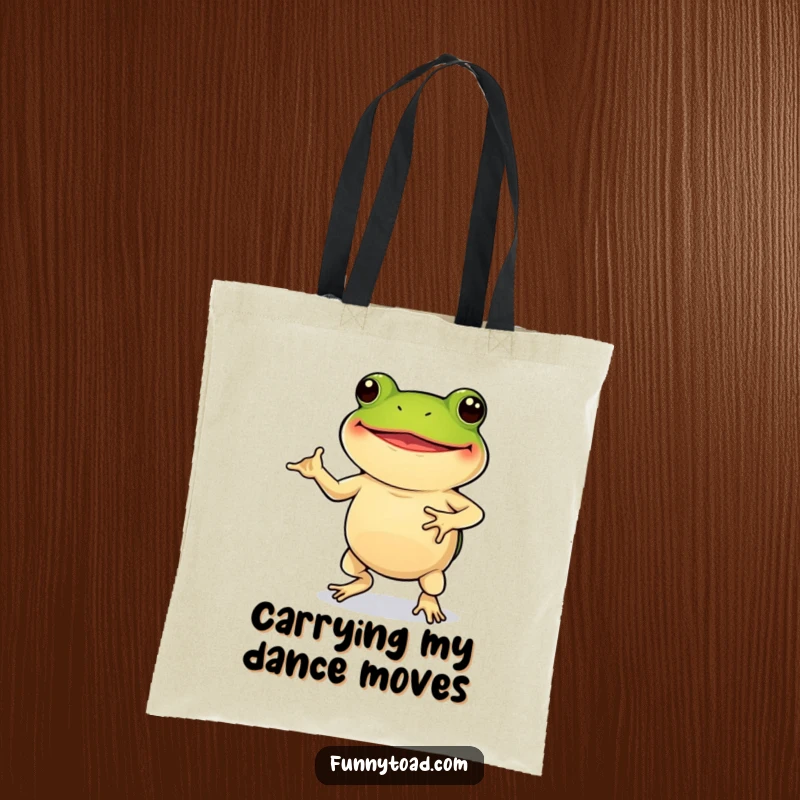 Funny Tote Bag: A Grinning Toad with Short Legs Performing a Quirky Dance, Ready for Adventures.