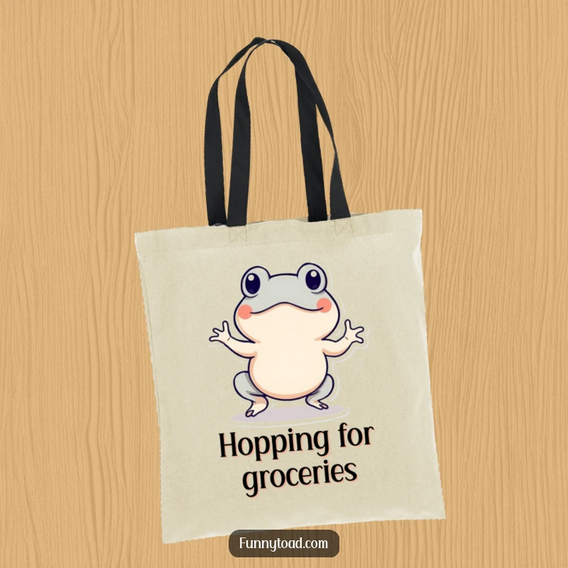 Funny tote bag showing an energetic toad character with action lines, doing a hop. Humorous and functional.